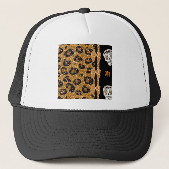 Casquette RAB Rockabilly Gold Leopard Print Sugar Skulls (Devant)