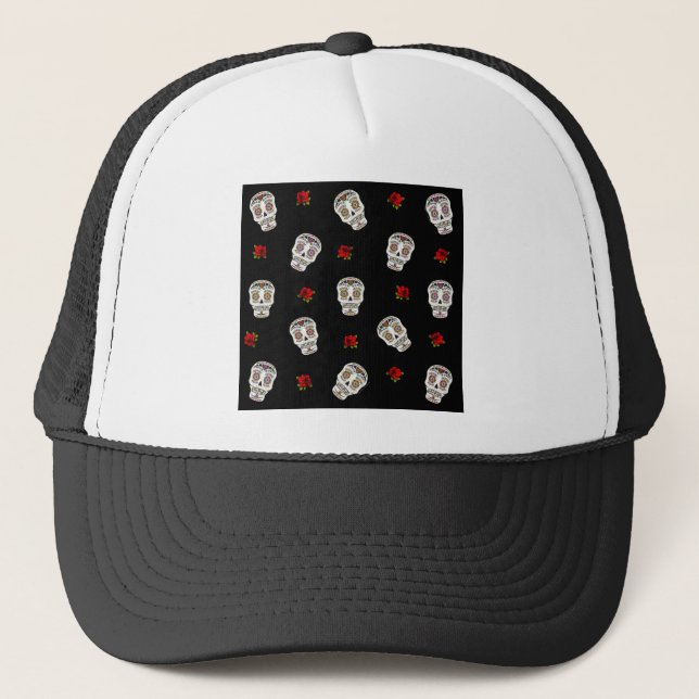 Casquette RAB Rockabilly Sugar Skulls Roses sur fond noir (Devant)