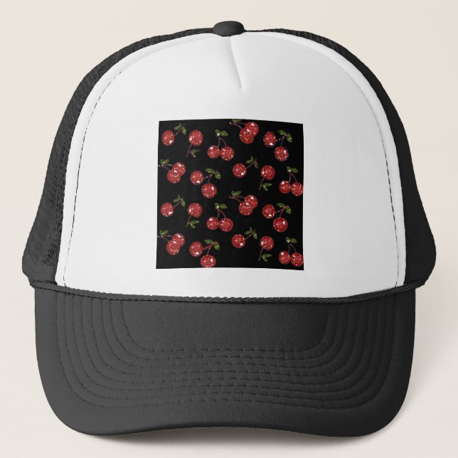 Casquette RAB Rockabilly très cerise cerises sur noir (Devant)