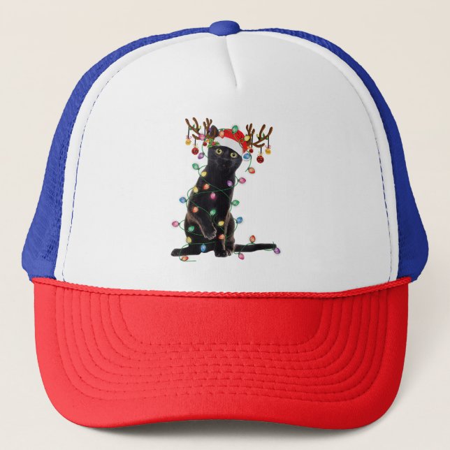 Casquette Reindeer Chat Noir Feux de Noël Drôle Chat Amour (Devant)