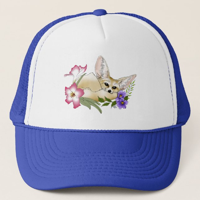 Casquette Renard Fennec Fleurs Rose Violet Mignon Bleu Botan (Devant)