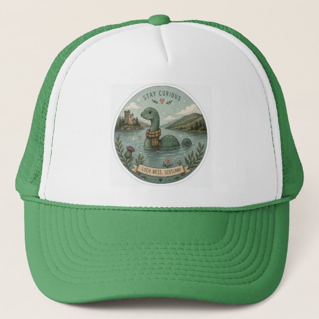 Casquette Restez Curieux Cozy Cryptide Nessie Monstre du Loc (Devant)