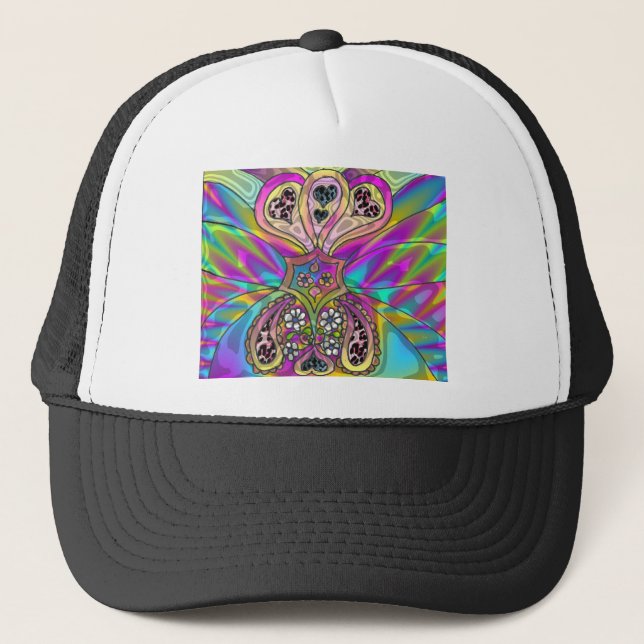 Casquette Retro 60s Coeurs psychédéliques Fleurs Cadeaux Vêt (Devant)
