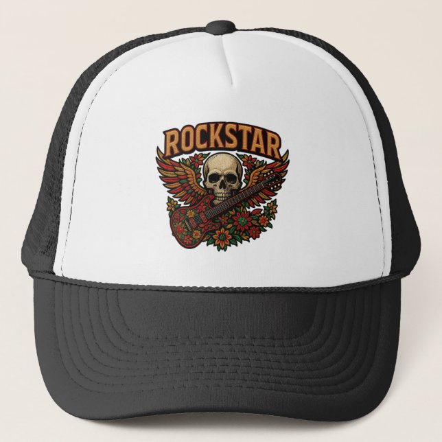 Casquette Rockstar Skull Guitar Wings – Bold Floral Embroide (Devant)