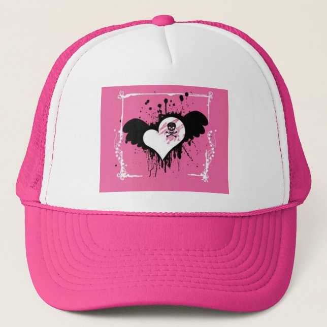 Casquette rose de boule de coeur/crâne (Devant)
