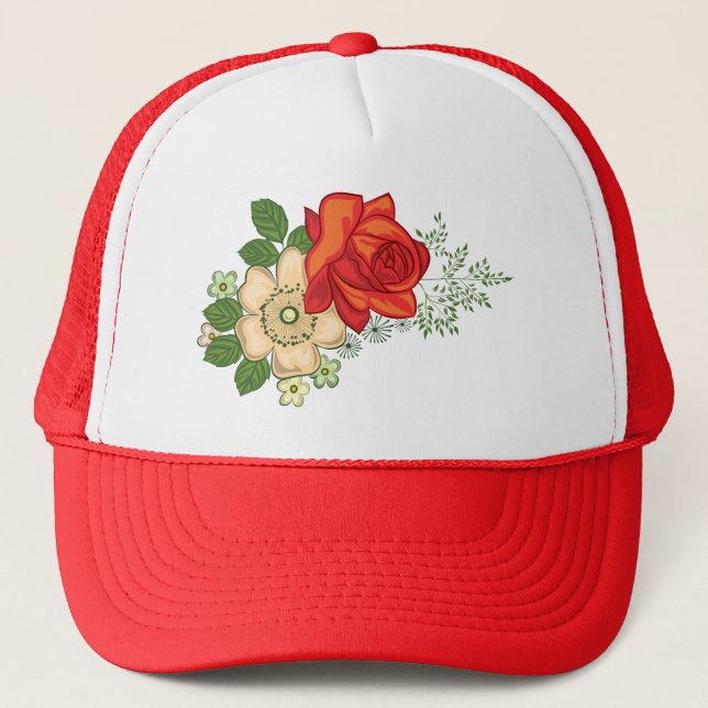 Casquette Rose rouge et marguerites (Devant)