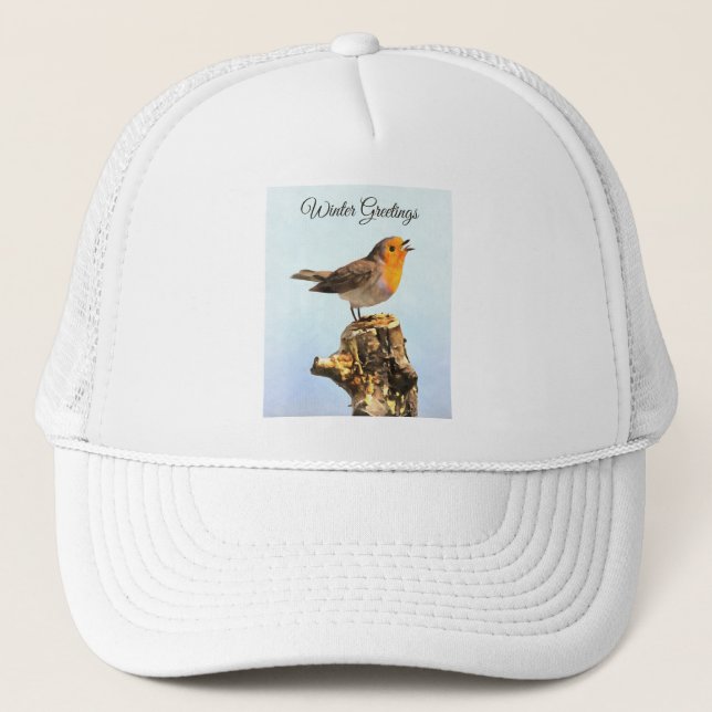 Casquette Salutations d'hiver. Rouge-gorge chantant  (Devant)