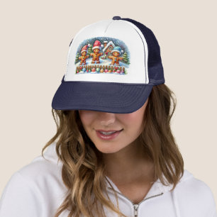 Casquette Scène de Noël enneigée avec une famille en pain d'