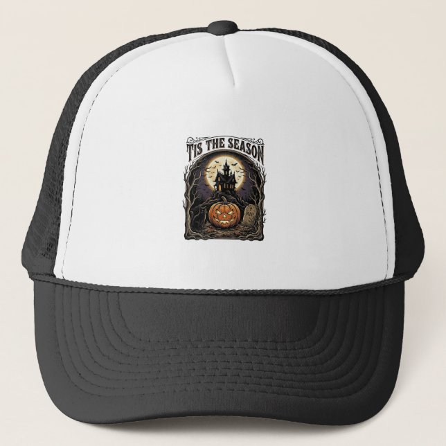 Casquette Scène de saison vintage citrouille chat Halloween  (Devant)