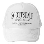 Casquette Scottsdale sur mesure avant la veil Bachelorette<br><div class="desc">Préparez-vous à tourner les têtes dans le centre-ville de Scottsdale avec notre casquette "Scottsdale Before the Veil" Bachelorette Trucker Hat, l'accessoire ultime pour votre aventure de luxe en bachelorette. Que vous soyez en ville pour une soirée ou pour explorer le désert de jour, ce casquette est incontournable pour votre soirée...</div>