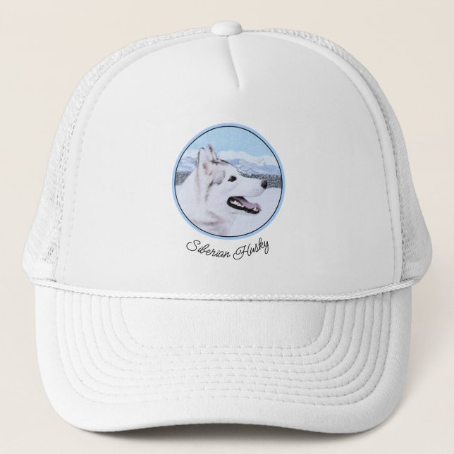 Casquette Sibérie Husky (argent et blanc) Peinture Chien Art (Devant)