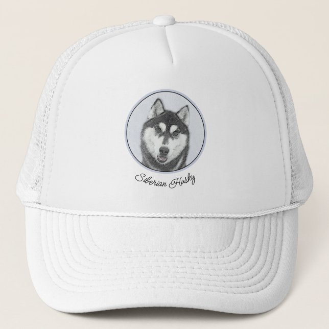 Casquette Sibérie Husky (noir et blanc) Peinture Chien Art (Devant)