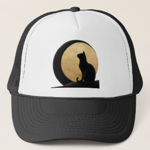 Casquette Silhouette de chat noir contre une lune d'or