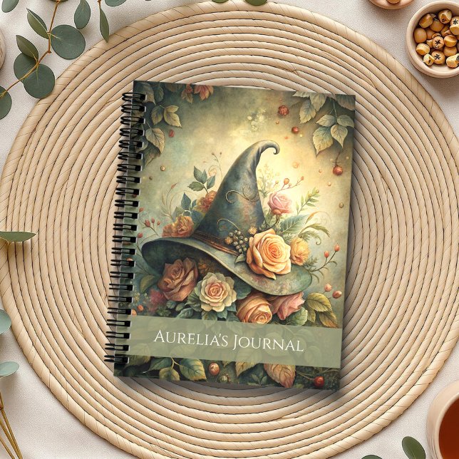 Casquette sorcière rose - Carnet pour les pensées  (Rose Witch Hat – Notebook for Magical Thoughts on a boho table with botanicals and a cup of tea)