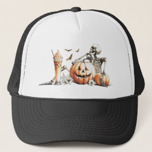 Casquette Squelette avec citrouille et boire. Halloween.