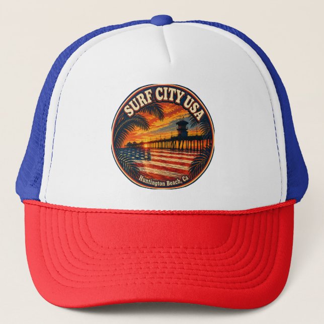 Casquette SURF CITY USA  Coucher de soleil & Drapeau   (Devant)