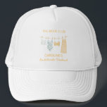 Casquette Swimsuit Clothesline Beach Bachelorette Bride Club<br><div class="desc">This trucker hat features a watercolor illustration of swimsuits hanging on a clothesline, with "The Bride Club" in gold lettering above and the bride's name plus "Bachelorette Weekend" in script below. The white hat and soft gold text keep it feeling elevated and pulled-together. A great pick for a beach or...</div>