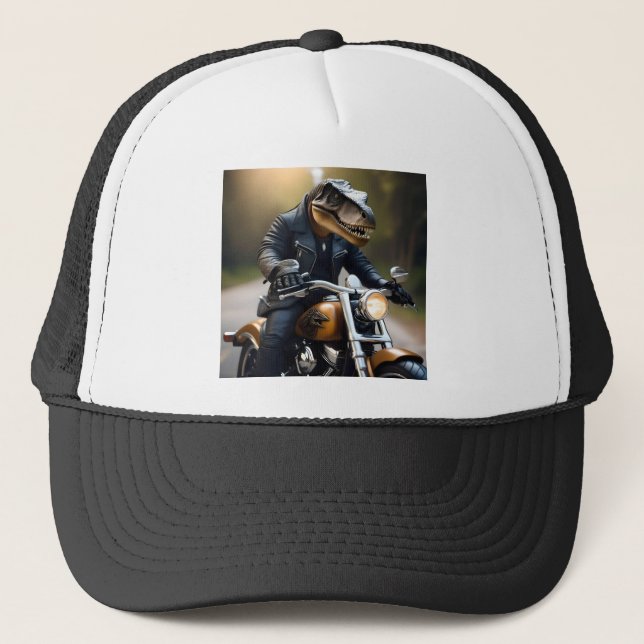 Casquette T-Rex Dinosaur Bikie En Moto, (Devant)