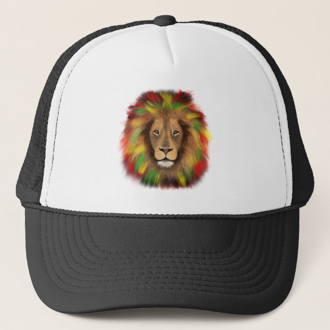 Casquette Tête de lion Rasta rouge jaune vert dessin Jamaïqu (Devant)