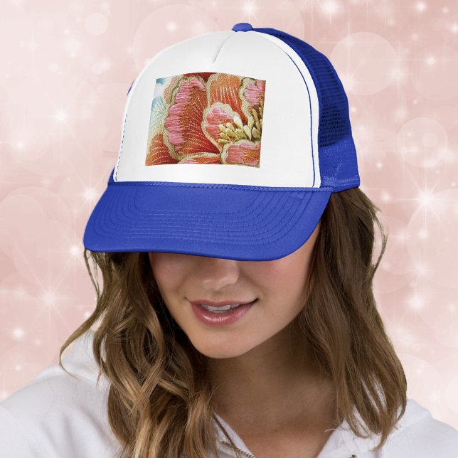 Casquette Texture brodée de fleur de lotus vintage (Pretty emboidered look orange and pink flower on ball cap.)