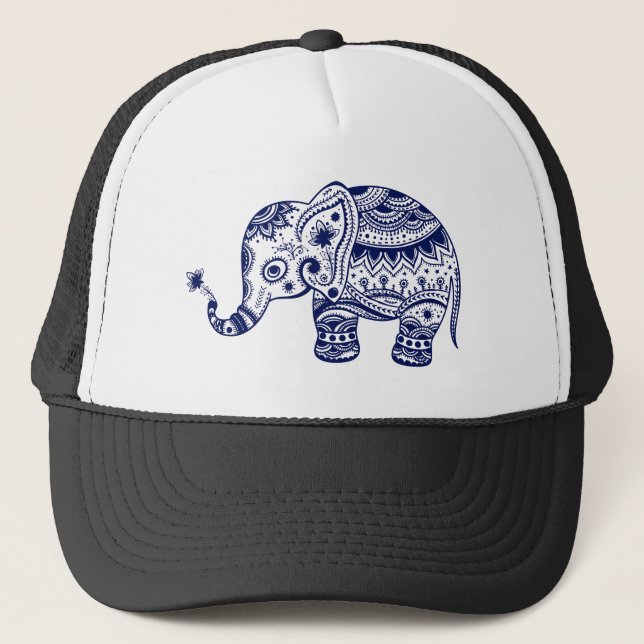 Casquette Tons de bleu mignon éléphant fleur (Devant)