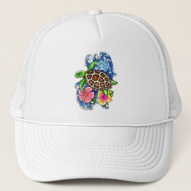 Casquette Tortue de mer tropicale et Hibiscus (Devant)