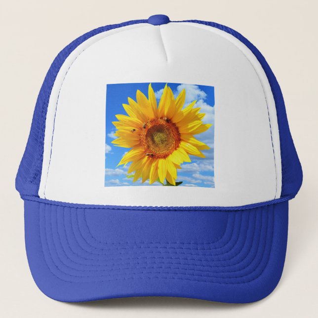 Casquette Tournesol jaune et abeilles sur le ciel bleu - Jou (Devant)