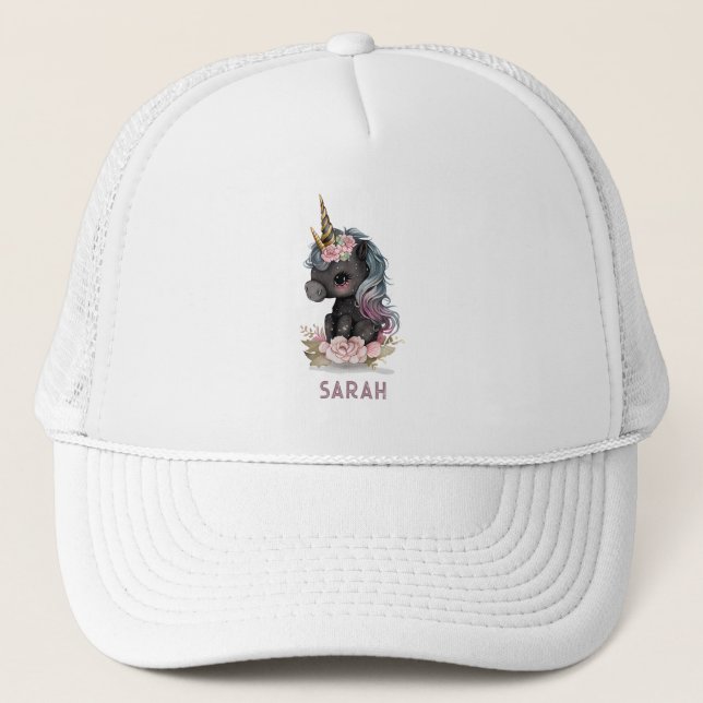 Casquette Unicorne noire mignonne avec Fleurs Aquarelle Unic (Devant)