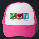 Casquette Unicornes Peace Love<br><div class="desc">Un signe de paix vert,  un coeur rouge et une jolie licorne avec une mignonne crinière violette. J'aime les animaux d'imaginaire et les licornes sont mes préférés. Ajoutez ce beau casquette de licorne rose à votre collection.</div>