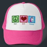 Casquette Unicornes Peace Love<br><div class="desc">Un signe de paix vert,  un coeur rouge et une jolie licorne avec une mignonne crinière violette. J'aime les animaux d'imaginaire et les licornes sont mes préférés. Ajoutez ce beau casquette de licorne rose à votre collection.</div>