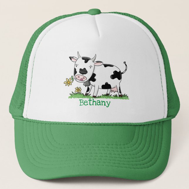 Casquette Vache mignonne en vert dessin animé sur le terrain (Devant)