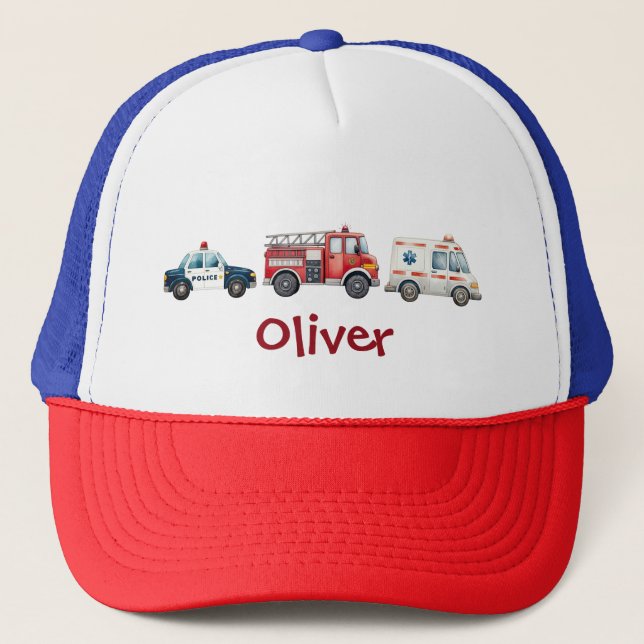 Casquette Véhicules d'urgence à l'aquarelle pour garçons (Devant)