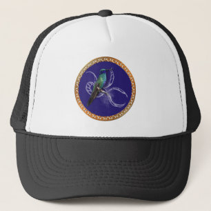 Casquette Vert turquoise et bleu avec colibri violet