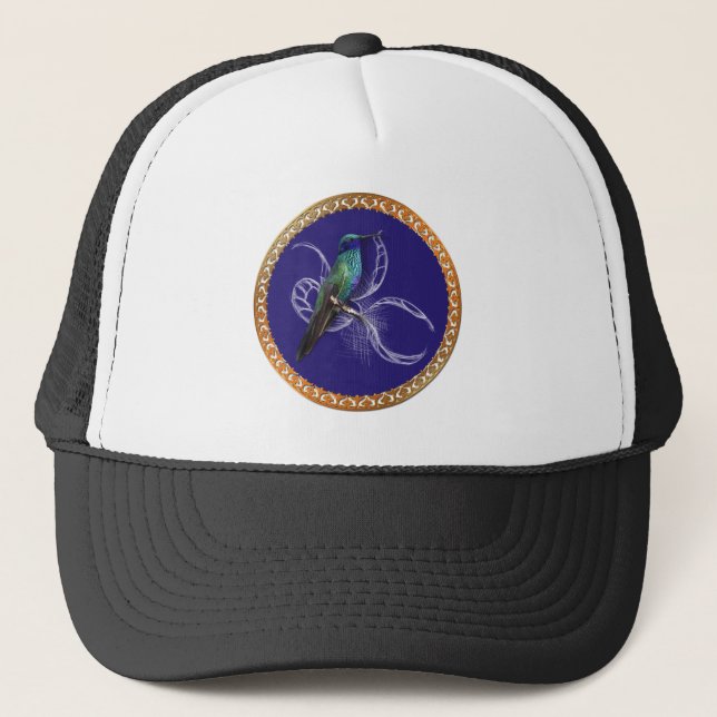 Casquette Vert turquoise et bleu avec colibri violet (Devant)