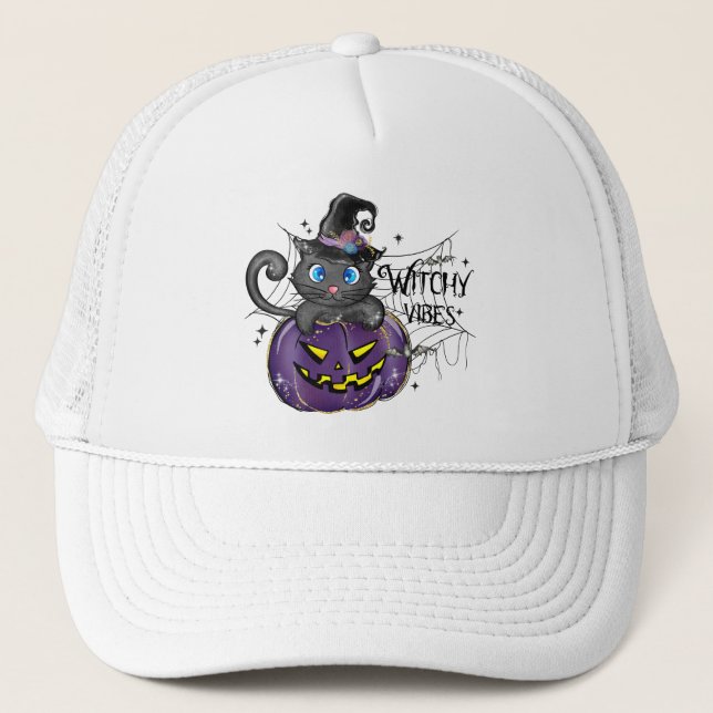Casquette Vibes de cuisine - Chat noir sur Jack-O-Lantern vi (Devant)
