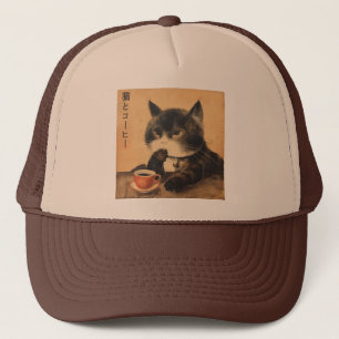 Casquette Vintage Japon art chat mignon avec une tasse de ca