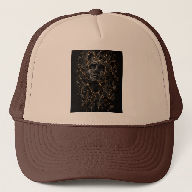 Casquette Visage Fracturé Noir & Or – Abstrait 3D Luxueux (Devant)