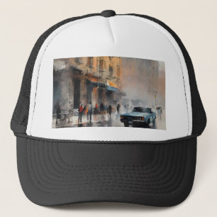 Casquette Voiture bleue vintage à Foggy Cityscape