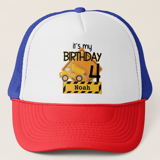 Casquette voiture camion de construction jaune 4e anniversai (Devant)