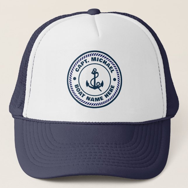 Casquette Votre nom de bateau Nautical Blue blanc Ancre Capi (Devant)