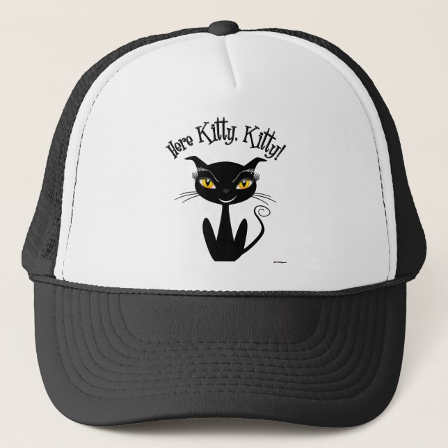 Casquette Whimsical Black Cat Here Kitty, Kitty! (Devant)