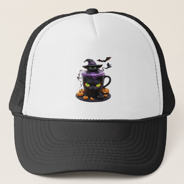Casquette Witch Cat Halloween Latte  Café mignon et effrayan (Devant)