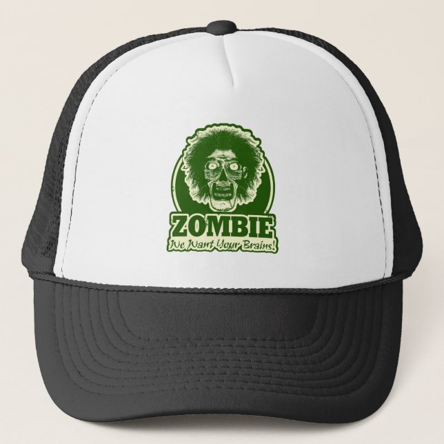 Casquette ZOMBIE Nous Voulons Vos Cerveaux Ver.3 Vert & Blan (Devant)