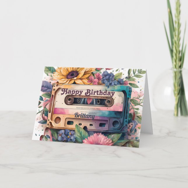 Cassette Rétro | Floral Bonne carte d'anniversaire (Devant)