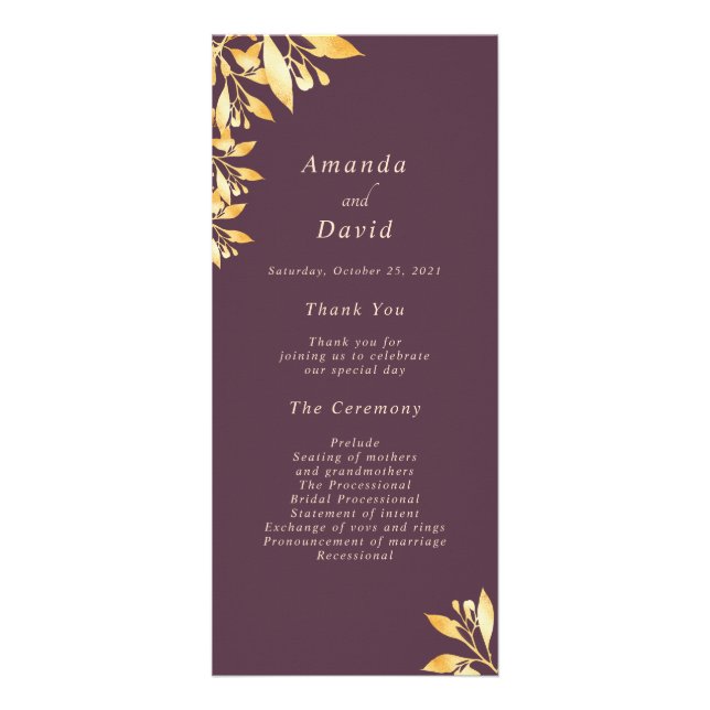 Cassis maroon programme de mariage botanique en or (Devant)