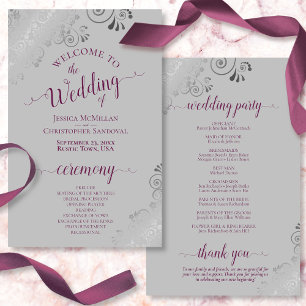 Cassis on Grey Silver Lace Budget Wedding Programm