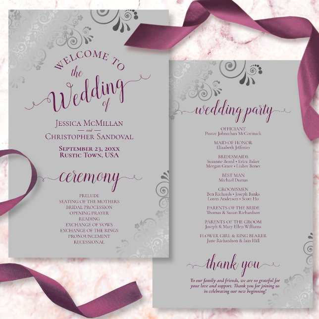 Cassis on Grey Silver Lace Budget Wedding Programm (Front and Back)