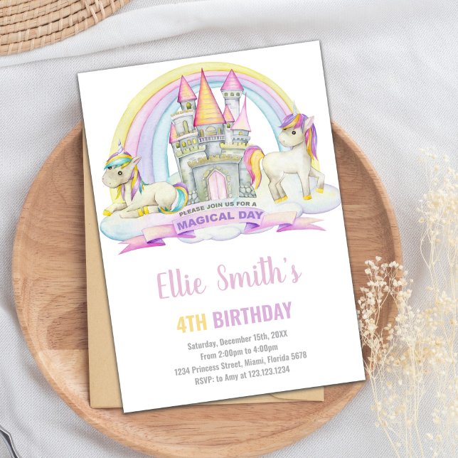 Castle Under Rainbow Unicorn Invitation Anniversai (Castle Under Rainbow Unicorn Birthday Invitations)