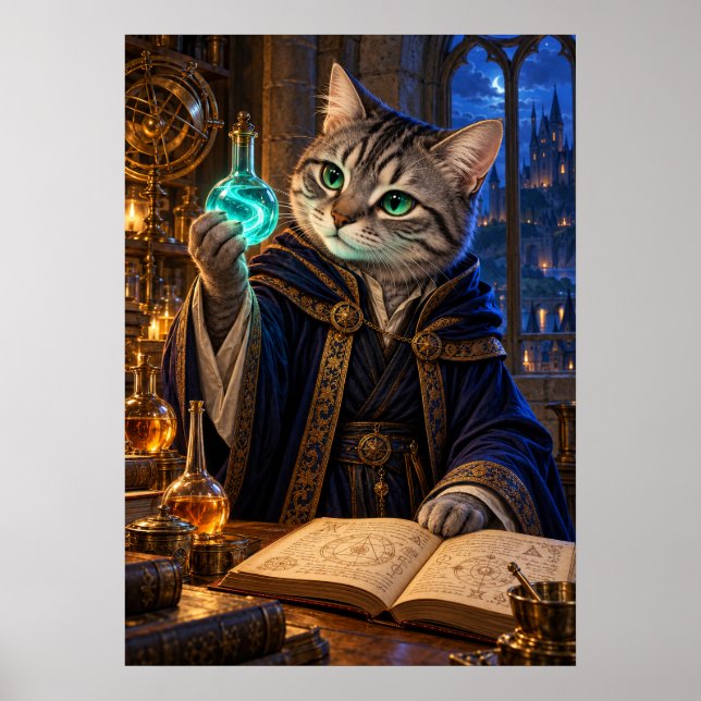 Cat Alchemist Fantasy Wizard Wall Art Poster (Devant)