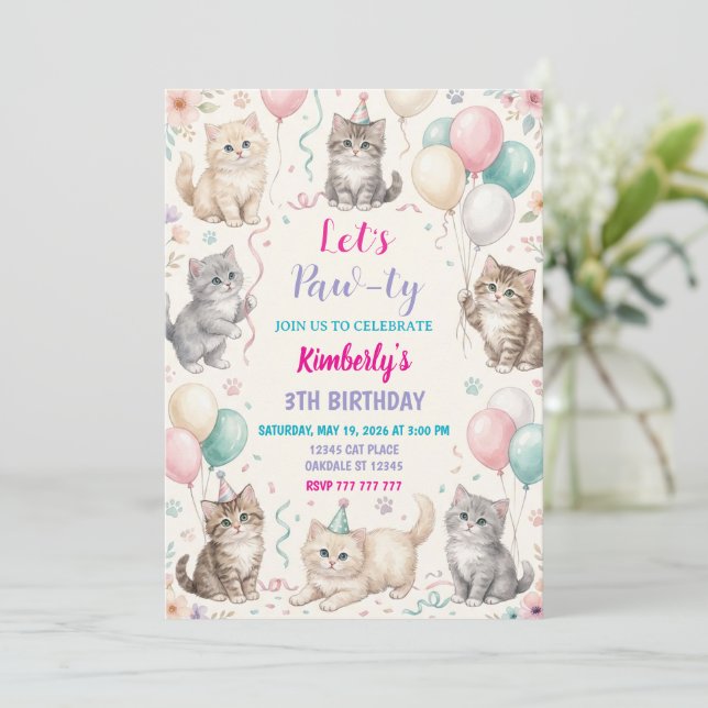 Cat Birthday Invitation Kitten Party Pawty Girl (Debout devant)